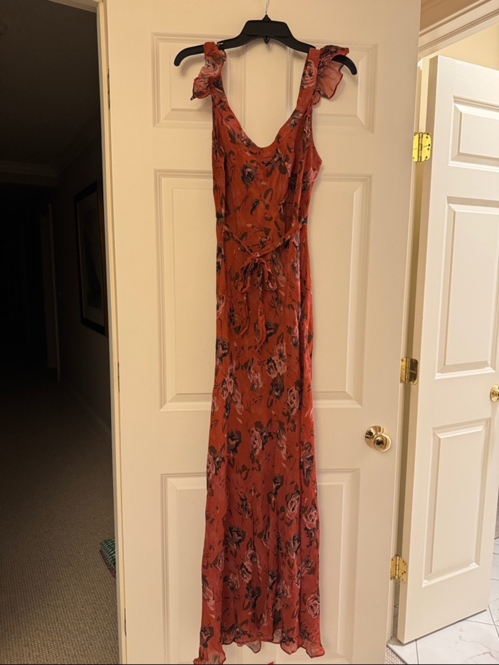 Floral Ruffle-Strap Maxi Dress in Rust
